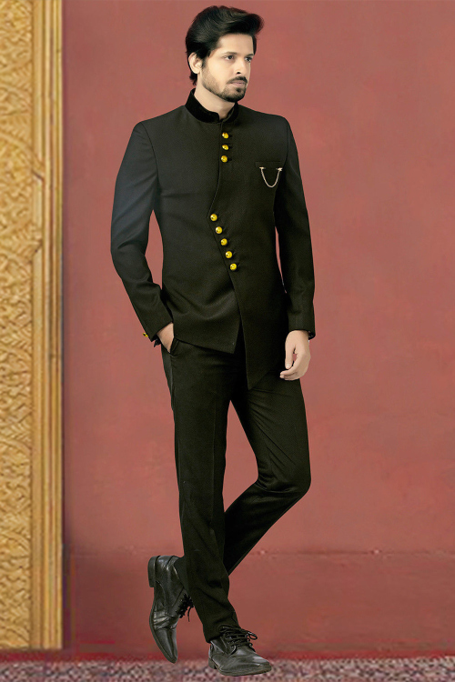 Olive Green Terry Rayon Weaved Thread Jodhpuri Style Men's Coat Pant