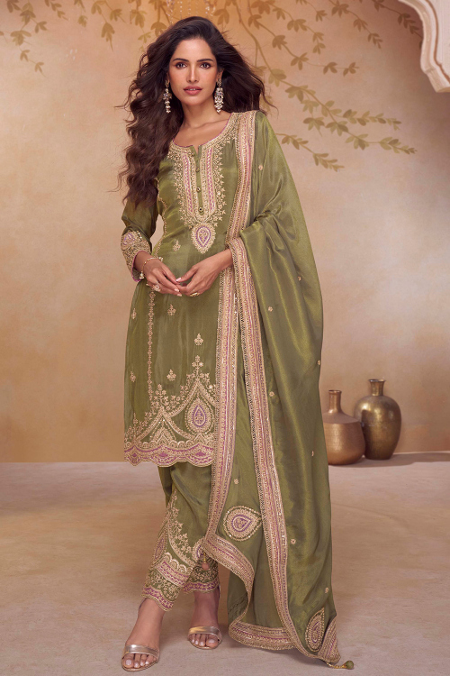 Olive Green Tissue Silk Trouser Suit With Dori Work For Festival 