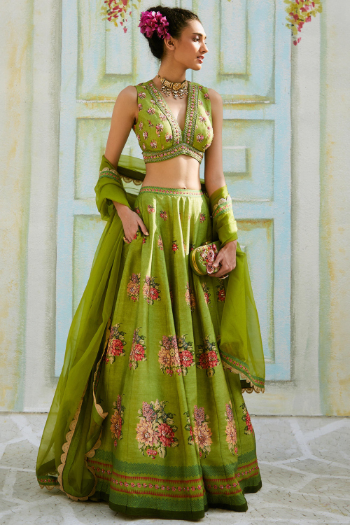 Olive Green Tussar Silk Embroidered Panelled Style Lehenga