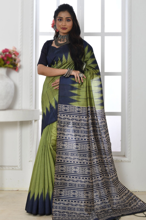 Olive Green Tussar Silk Printed Light Weight Saree