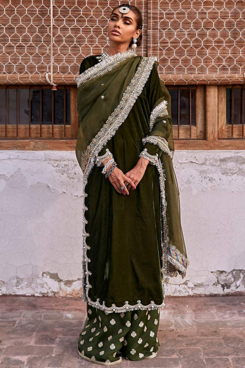 Olive Green Velvet Embroidered Sharara Suit