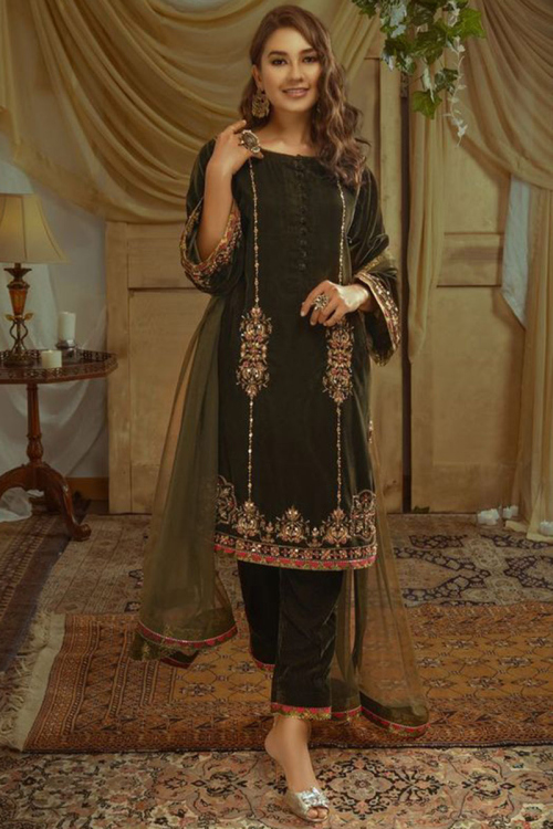 Olive Green Velvet Straight Cut Pakistani Trouser Suit