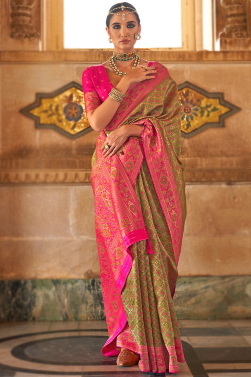 Olive Green Weaved Silk Banarasi Style Saree 