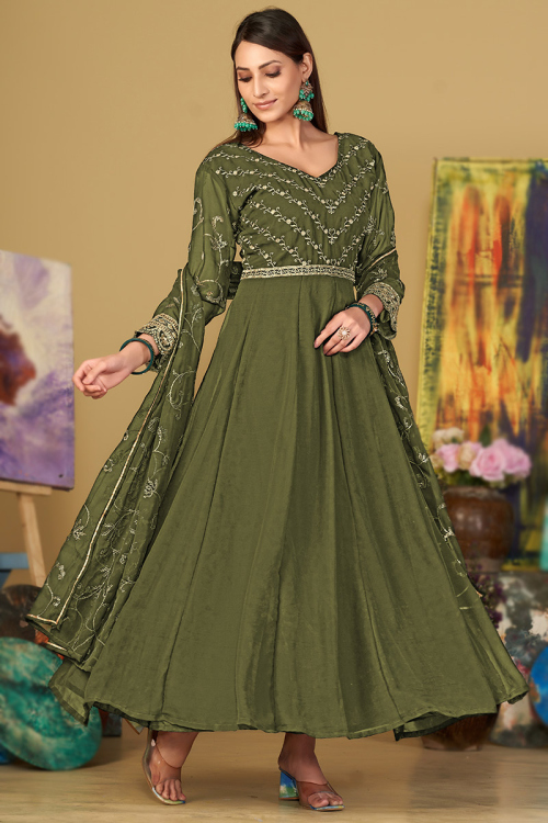 Olive Green Zari Embroidered Georgette Mehndi Anarkali Suit