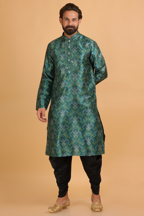 On Trend Teal Green Printed Men's Kurta Dhoti Style Pants 