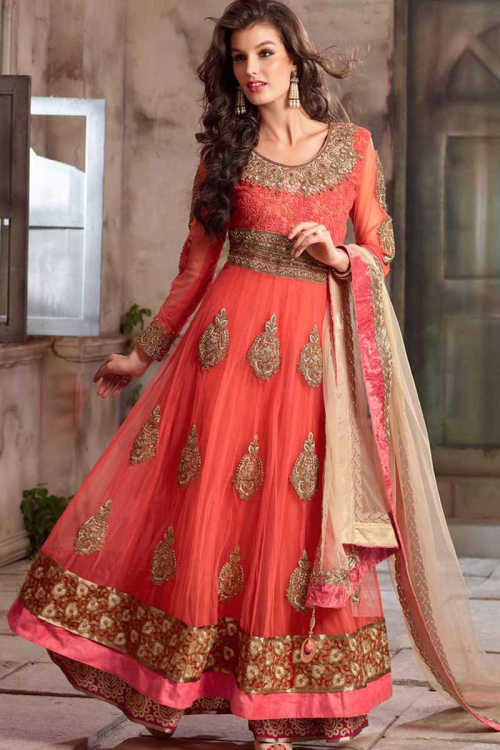 Coral Orange Net Wedding Anarkali Suit With Zari Work
