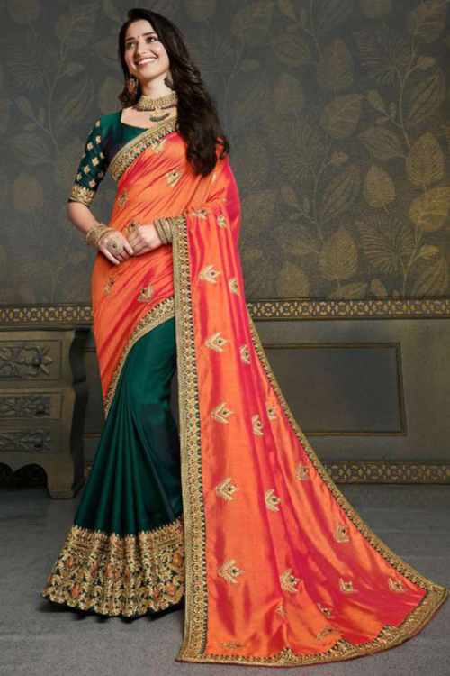 Dark Green And Orange Art Silk Half And Half Saree