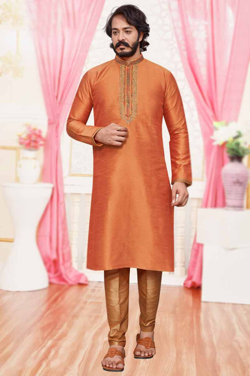 Orange Art Silk Traditional Men Kurta Pajama