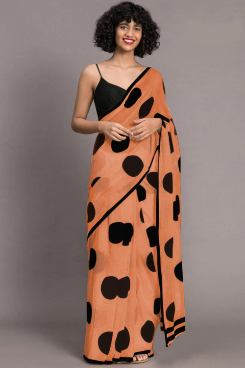 Orange Chanderi Saree With Polka Dots