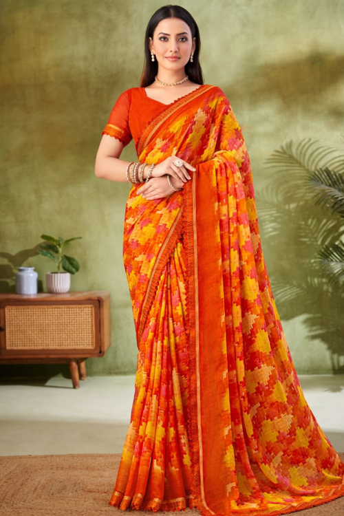 Orange Chiffon Saree With Printed For Casual Wear