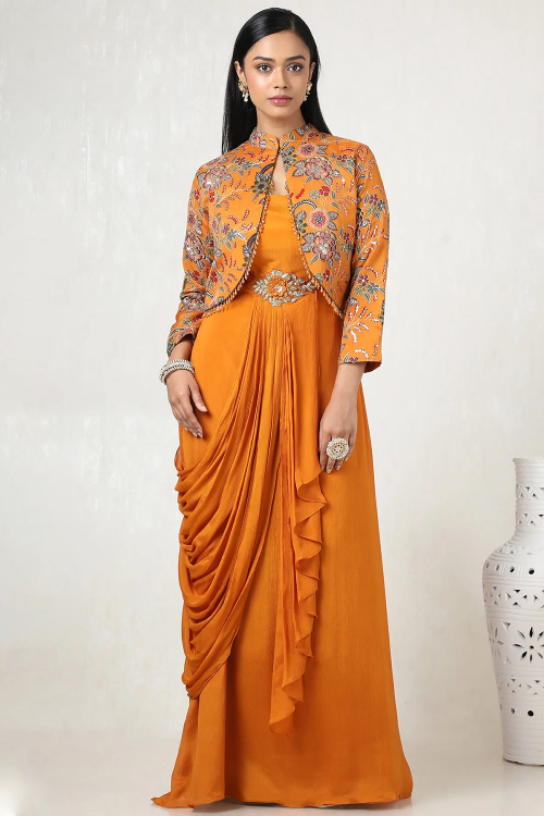 Orange Chinnon Gown with Sequins Work for Weddings