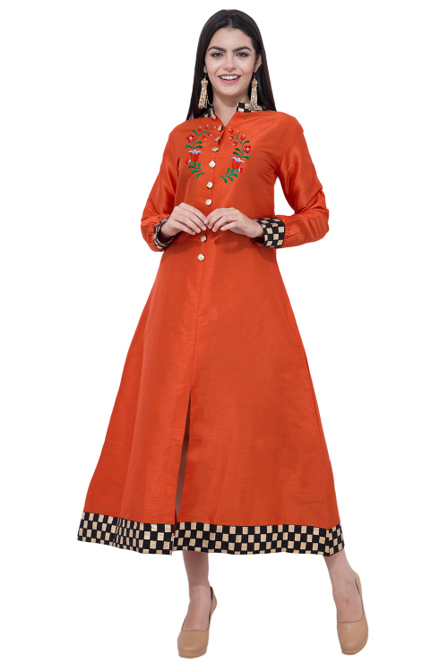 Orange Dupion Silk Embroidered Cigarette Pant Kurti