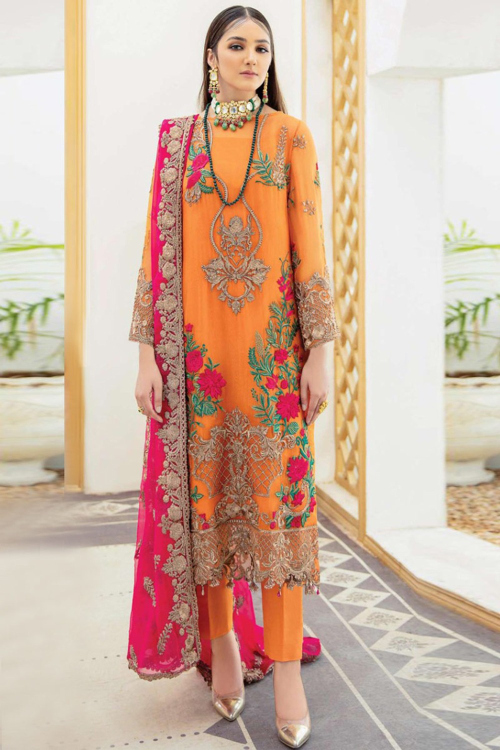Orange Thread Embroidered Georgette Pakistani Trouser Salwar Kameez