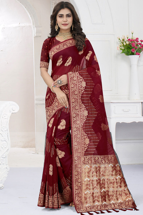  Organza Burgundy Maroon Saree