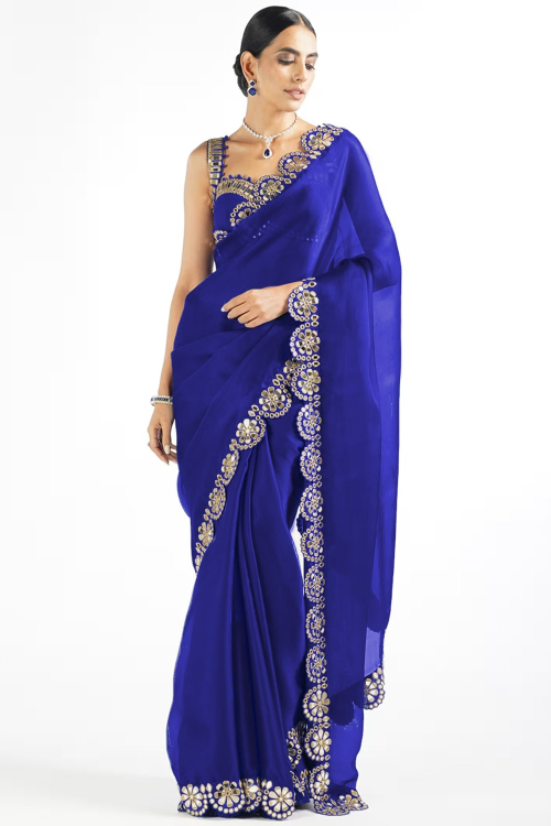 Organza Indigo Blue Zari Embroidered Light Weight Saree