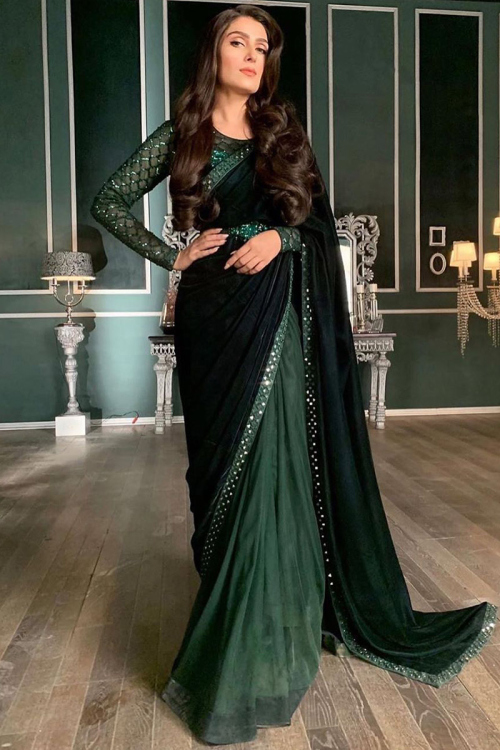 Organza And Velvet Dark Green Pakistani Saree With Lace 