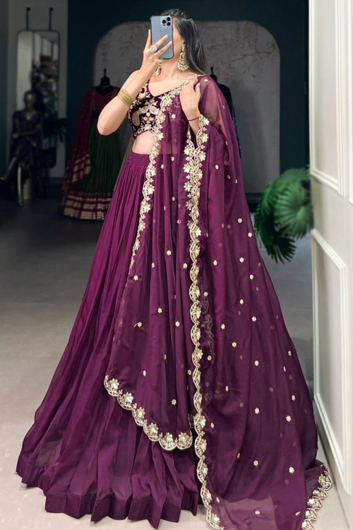 Organza Plum Purple Lehenga With Embroidered Blouse