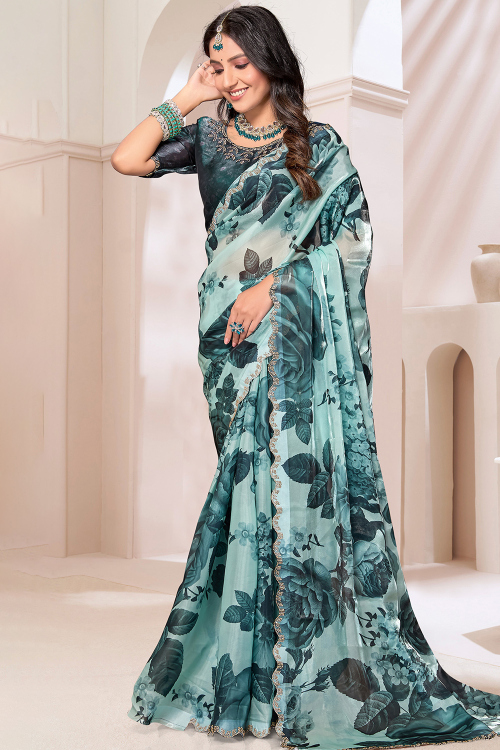 Organza Powder Blue Light Weight Printed Saree