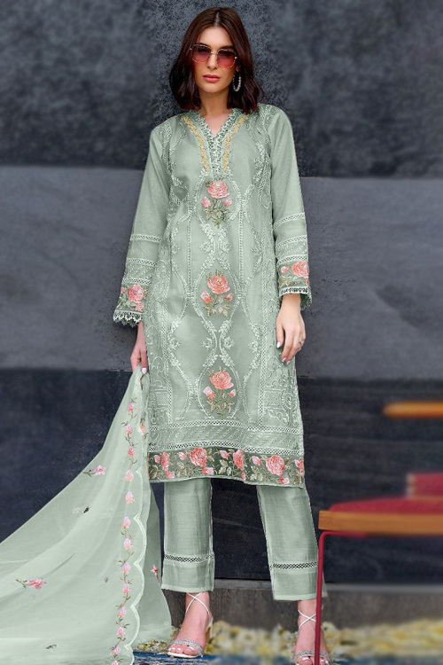 Organza Sage Green Embroidered Straight Cut Trouser Suit 