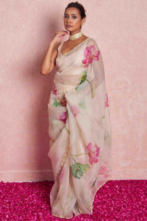 Organza White Cut Dana Embroidered Light Weight Saree 