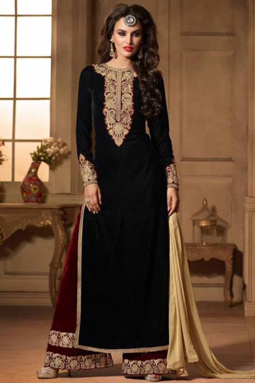 Black Velvet Palazzo Resham Work Indian Style Suit