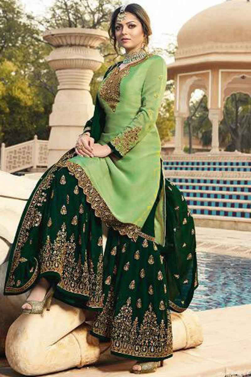 Pistachio Green Polyester Slub Embroidered Indian Sharara Salwar Kameez