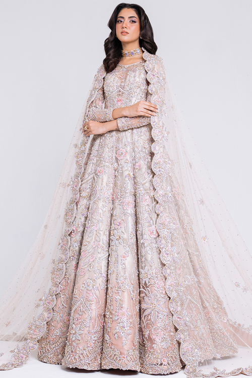 Pale Pink Net Beads Embroidered Bridal Salwar Kameez Gown