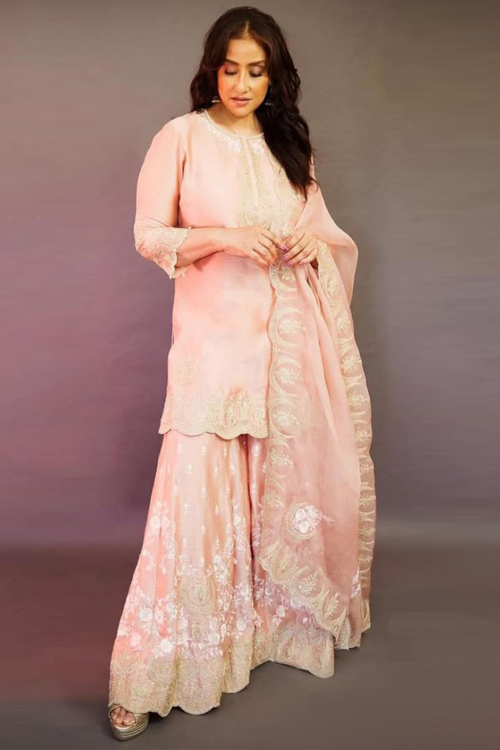 Pale Pink Chanderi Silk Embroidered Straight Cut Sharara Suit 