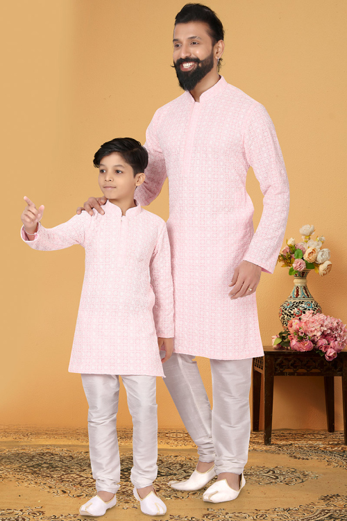 Pale Pink Cotton Embroidered Father Son Duo Kurta With Churidar