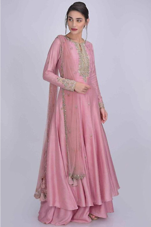 Pale Pink Cotton Silk Palazzo Pant Wedding Anarkali Suit