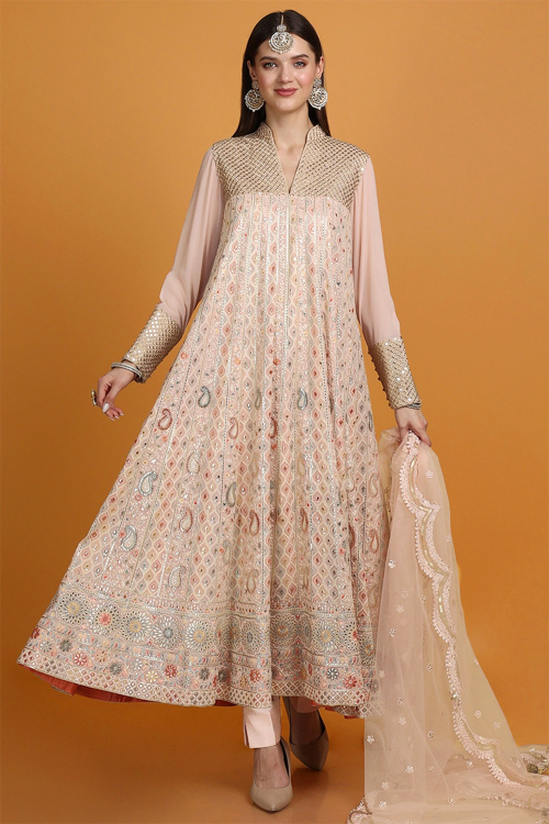 Light Peach Georgette Anarkali Style Embroidered Trouser Suit for Wedding & Party