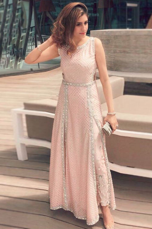 Pale Pink Georgette Embroidered Indo-Western Style Anarkali Suit