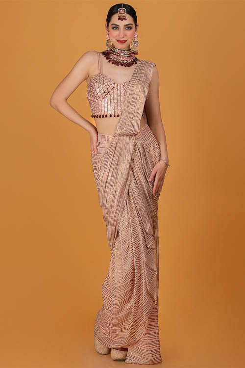 Pale Pink Georgette Lurex Thread Weaved Fancy Wedding Saree