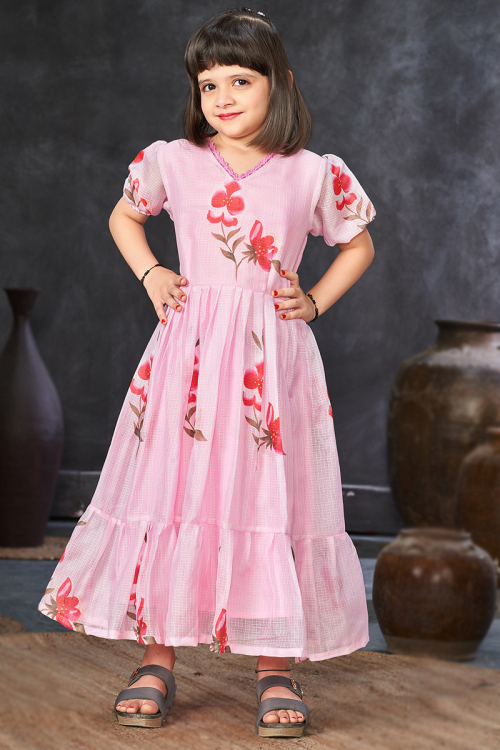 Pale Pink Kota Doria Printed Casual Wear Kurti