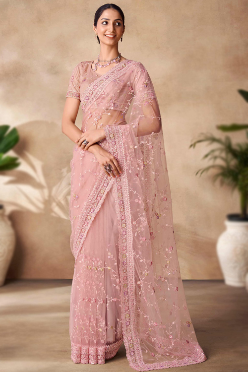 Pale Pink Net Sequins Embroidered Light Weight Saree 