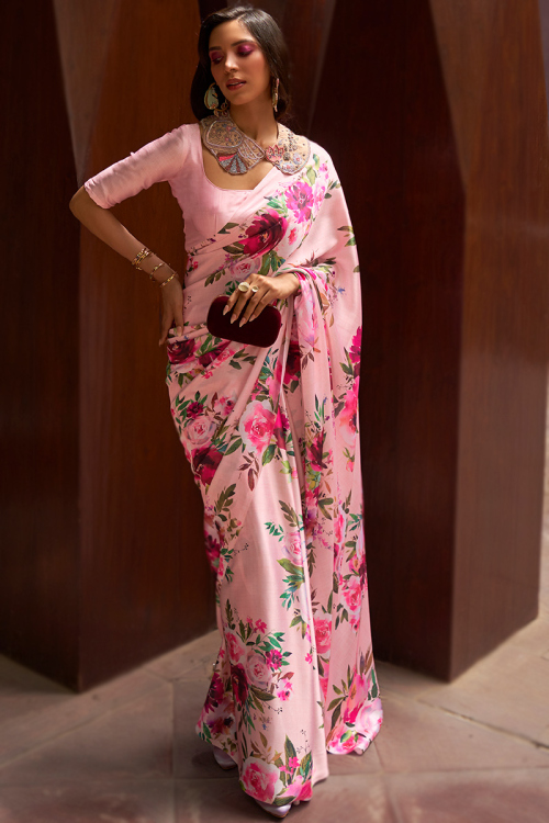 Pale Pink Printed Crepe Floral Saree 