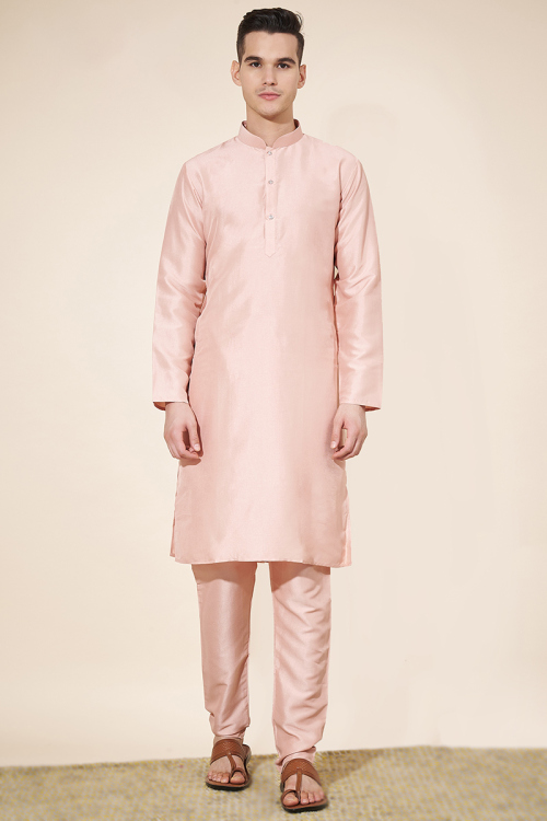 Pale Pink Silk Plain Straight Cut Men's Kurta Pajama