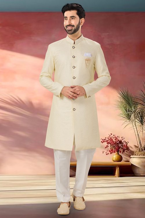 Pale Yellow Silk Blend Embroidered Straight Cut Men&#039;s Sherwani