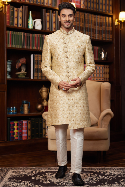 Pale Yellow Silk Blend Embroidered Straight Cut Men&#039;s Sherwani