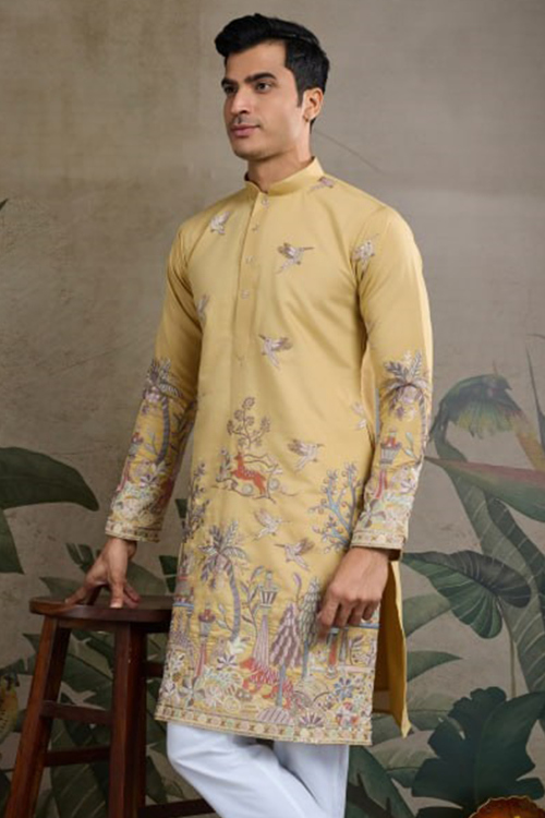 Pale Yellow Silk Blend Men&#039;s Kurta With Sequins Work For Diwali
