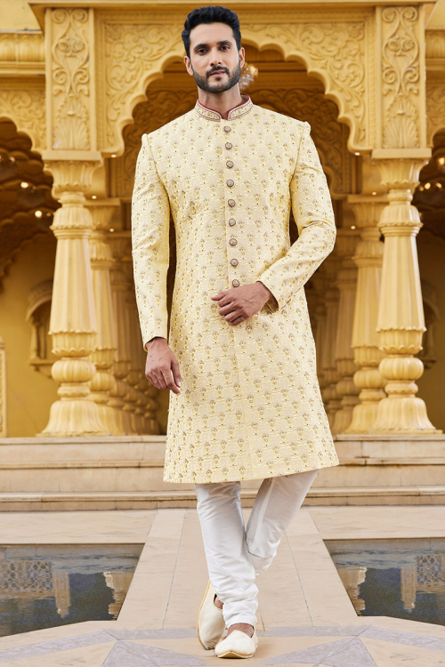 Pale Yellow Silk Embroidered Men's Sherwani For Haldi 