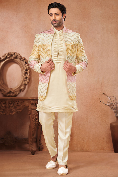 Pale Yellow Silk Men's Kurta Pajama With Embroidered Jacket