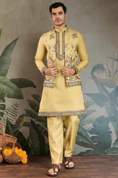 Pale Yellow Viscose Silk Men&#039;s Kurta Pajama With Embroidered Jacket