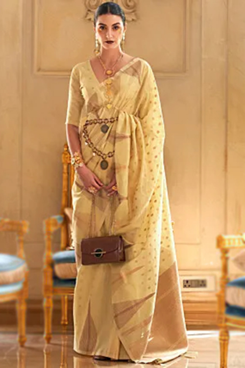 Pale Yellow Weaved Zari Tissue Light Weight Saree 