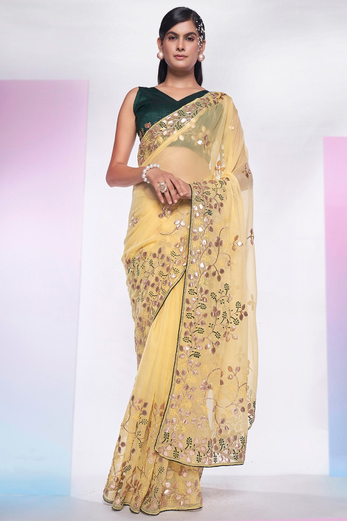 Pale Yellow Zari Embroiderd Chiffon Shimmer Saree