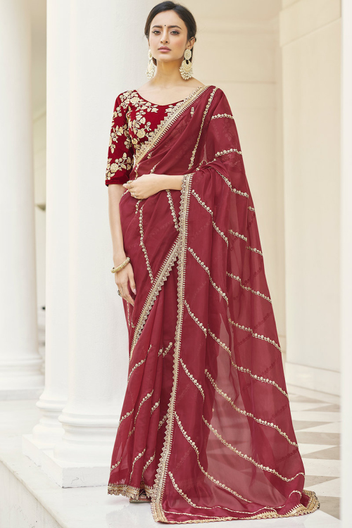 Party Wear Embroidered Organza Maroon Saree