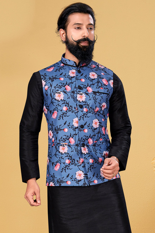 Pastel Dark Blue Cotton Straight Cut Men Waist Coat