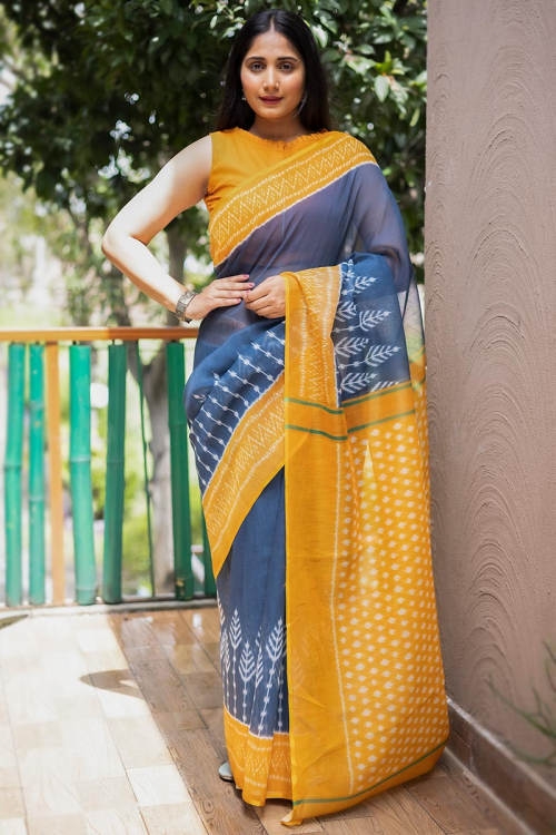Pastel Dark Blue Linen Printed Saree