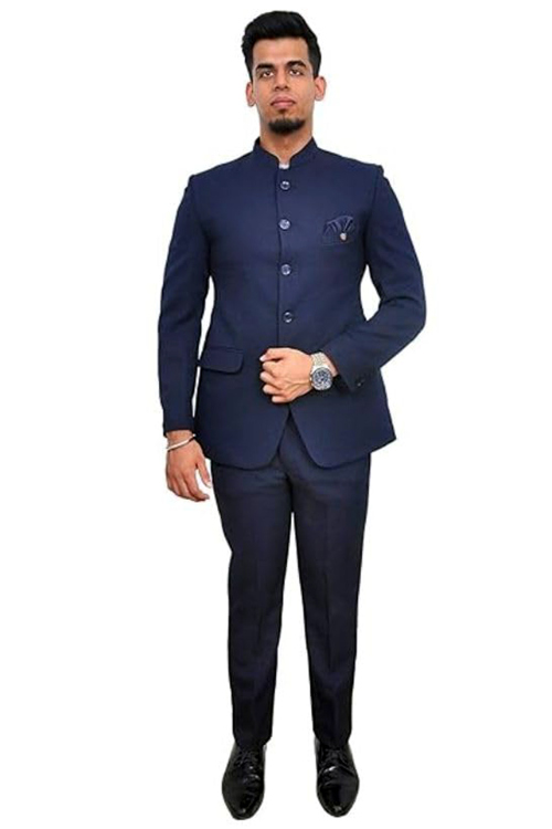 Pastel Dark Blue Plain Polyester Jodhpuri Style Men's Coat Pant