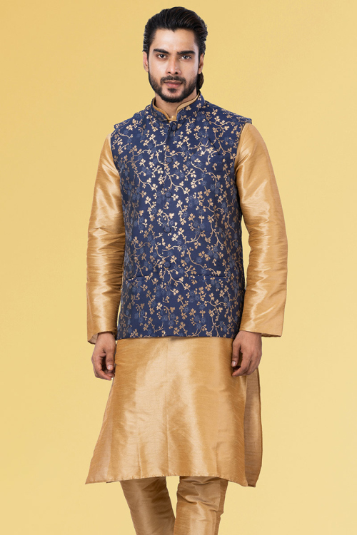 Pastel Dark Blue Silk Woven Zari Men's Waist Coat